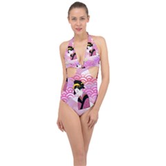 Japanese Abstract Pink Halter Front Plunge Swimsuit by snowwhitegirl