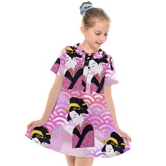 Japanese Abstract Pink Kids  Short Sleeve Shirt Dress