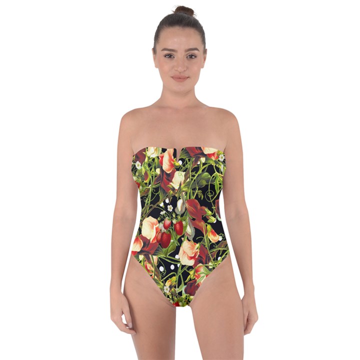 Fruit Blossom Black Tie Back One Piece Swimsuit