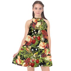 Fruit Blossom Black Halter Neckline Chiffon Dress  by snowwhitegirl