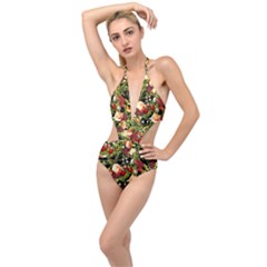 Fruit Blossom Black Plunging Cut Out Swimsuit by snowwhitegirl