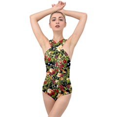 Fruit Blossom Black Cross Front Low Back Swimsuit by snowwhitegirl