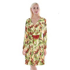 Fruit Blossom Beige Long Sleeve Velvet Front Wrap Dress by snowwhitegirl