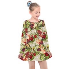 Fruit Blossom Beige Kids  Long Sleeve Dress