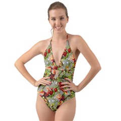 Fruit Blossom Gray Halter Cut-out One Piece Swimsuit by snowwhitegirl