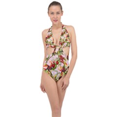 Fruit Blossom Pink Halter Front Plunge Swimsuit by snowwhitegirl