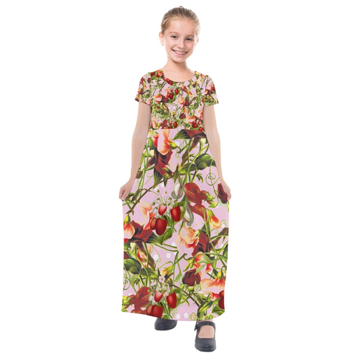 Fruit Blossom Pink Kids  Short Sleeve Maxi Dress