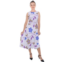 Blue Vintage Flowers Midi Tie-back Chiffon Dress