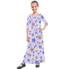 Blue Vintage Flowers Kids  Quarter Sleeve Maxi Dress