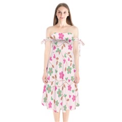 Pink Vintage Flowers Shoulder Tie Bardot Midi Dress