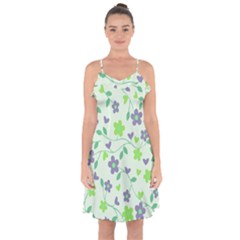 Green Vintage Flowers Ruffle Detail Chiffon Dress