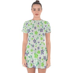 Green Vintage Flowers Drop Hem Mini Chiffon Dress