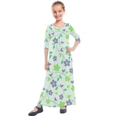 Green Vintage Flowers Kids  Quarter Sleeve Maxi Dress