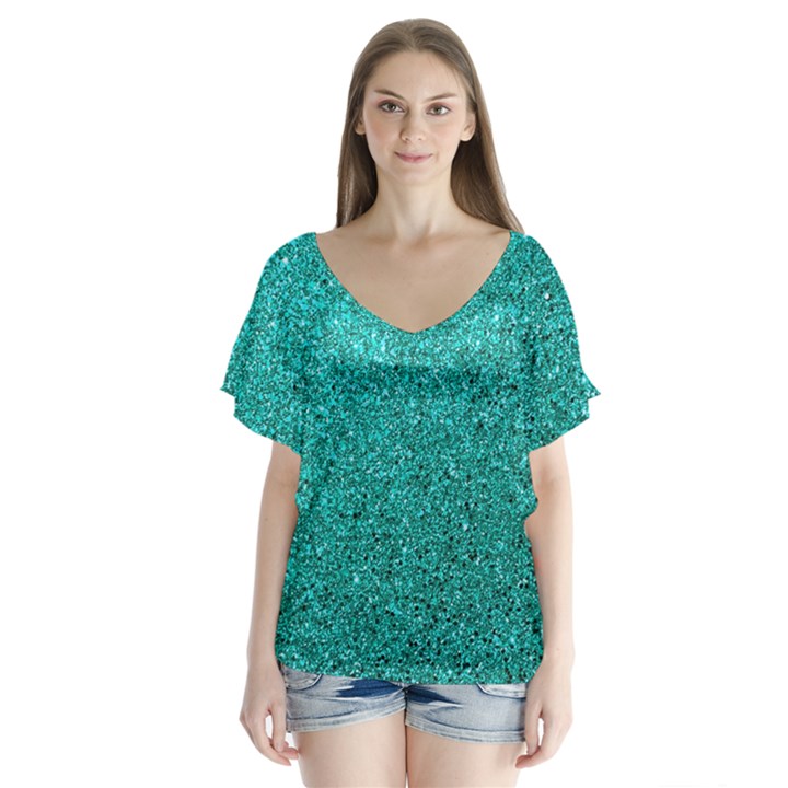 Aqua Glitter V-Neck Flutter Sleeve Top