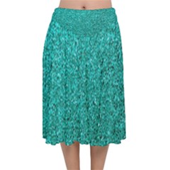 Aqua Glitter Velvet Flared Midi Skirt