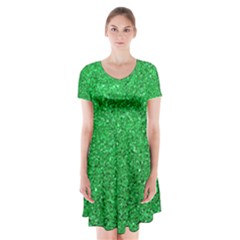 Green Glitter Short Sleeve V-neck Flare Dress