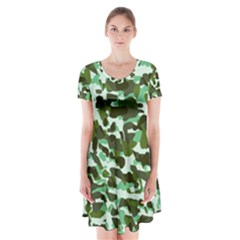 Green Camo Short Sleeve V-neck Flare Dress