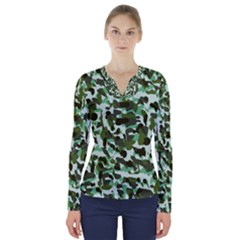 Green Camo V-Neck Long Sleeve Top