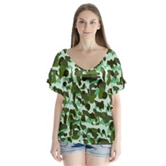 Green Camo V-Neck Flutter Sleeve Top