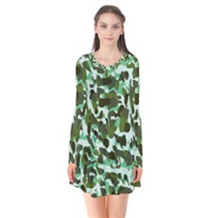 Green Camo Long Sleeve V-neck Flare Dress