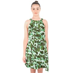 Green Camo Halter Collar Waist Tie Chiffon Dress