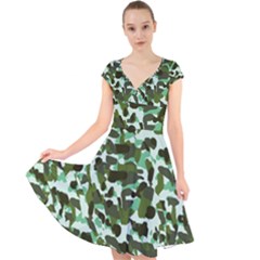 Green Camo Cap Sleeve Front Wrap Midi Dress