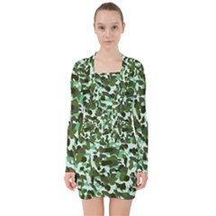 Green Camo V-neck Bodycon Long Sleeve Dress