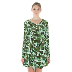 Green Camo Long Sleeve Velvet V-neck Dress