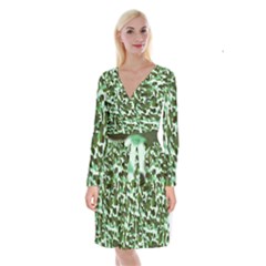 Green Camo Long Sleeve Velvet Front Wrap Dress