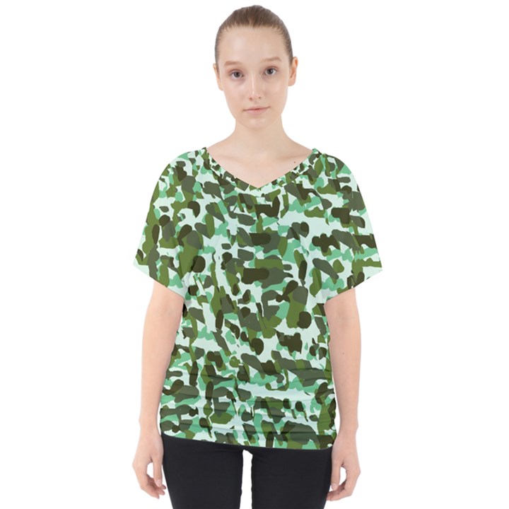 Green Camo V-Neck Dolman Drape Top