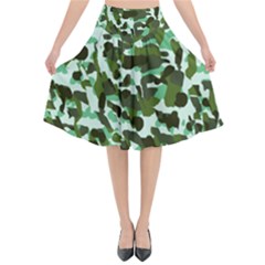 Green Camo Flared Midi Skirt