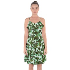 Green Camo Ruffle Detail Chiffon Dress