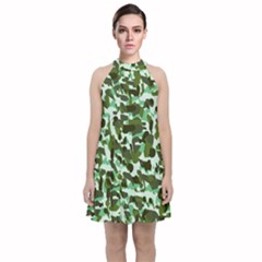 Green Camo Velvet Halter Neckline Dress 