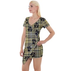 Yellow Plaid Anarchy Short Sleeve Asymmetric Mini Dress