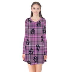 Pink  Plaid Anarchy Long Sleeve V-neck Flare Dress