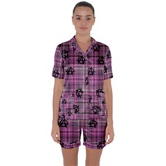 Pink  Plaid Anarchy Satin Short Sleeve Pyjamas Set by snowwhitegirl