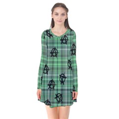 Green  Plaid Anarchy Long Sleeve V-neck Flare Dress by snowwhitegirl