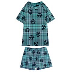 Aqua  Plaid Anarchy Kids  Swim Tee And Shorts Set