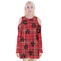 Red Plaid Anarchy Velvet Long Sleeve Shoulder Cutout Dress by snowwhitegirl