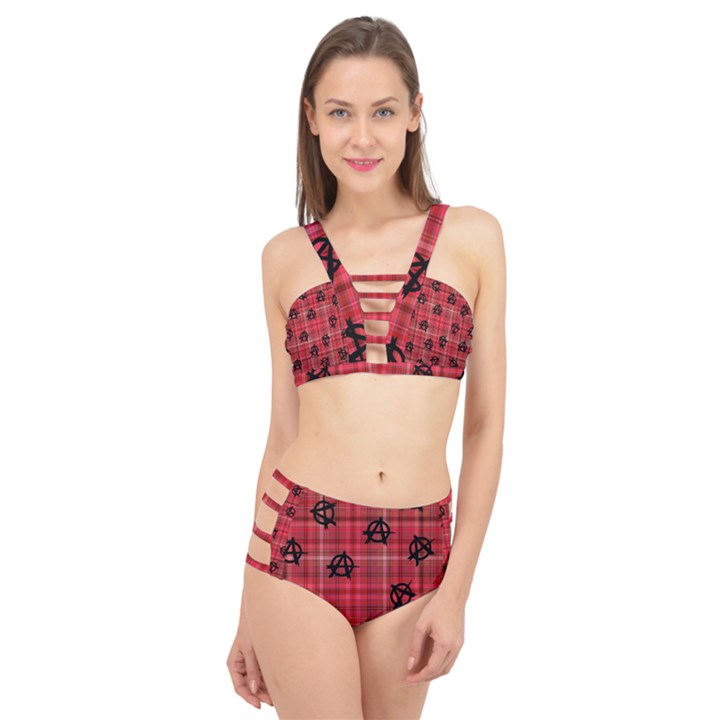 Red Plaid Anarchy Cage Up Bikini Set