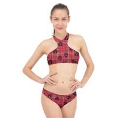 Red Plaid Anarchy High Neck Bikini Set