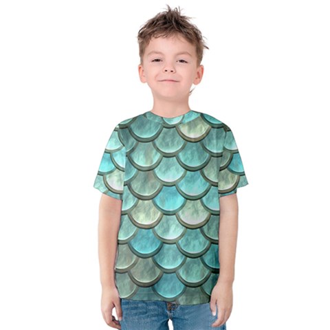 Aqua Mermaid Scale Kids  Cotton Tee by snowwhitegirl