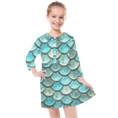 Aqua Mermaid Scale Kids  Quarter Sleeve Shirt Dress