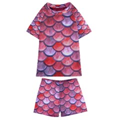 Red Mermaid Scale Kids  Swim Tee And Shorts Set