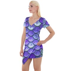 Blue Purple Mermaid Scale Short Sleeve Asymmetric Mini Dress