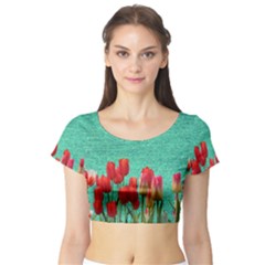 Green Denim Flowers Short Sleeve Crop Top by snowwhitegirl