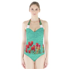 Green Denim Flowers Halter Swimsuit by snowwhitegirl