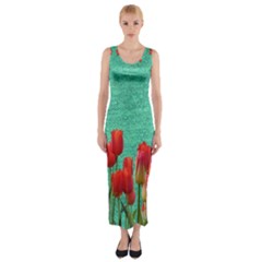 Green Denim Flowers Fitted Maxi Dress by snowwhitegirl