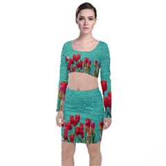 Green Denim Flowers Long Sleeve Crop Top & Bodycon Skirt Set