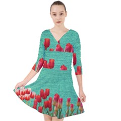 Green Denim Flowers Quarter Sleeve Front Wrap Dress